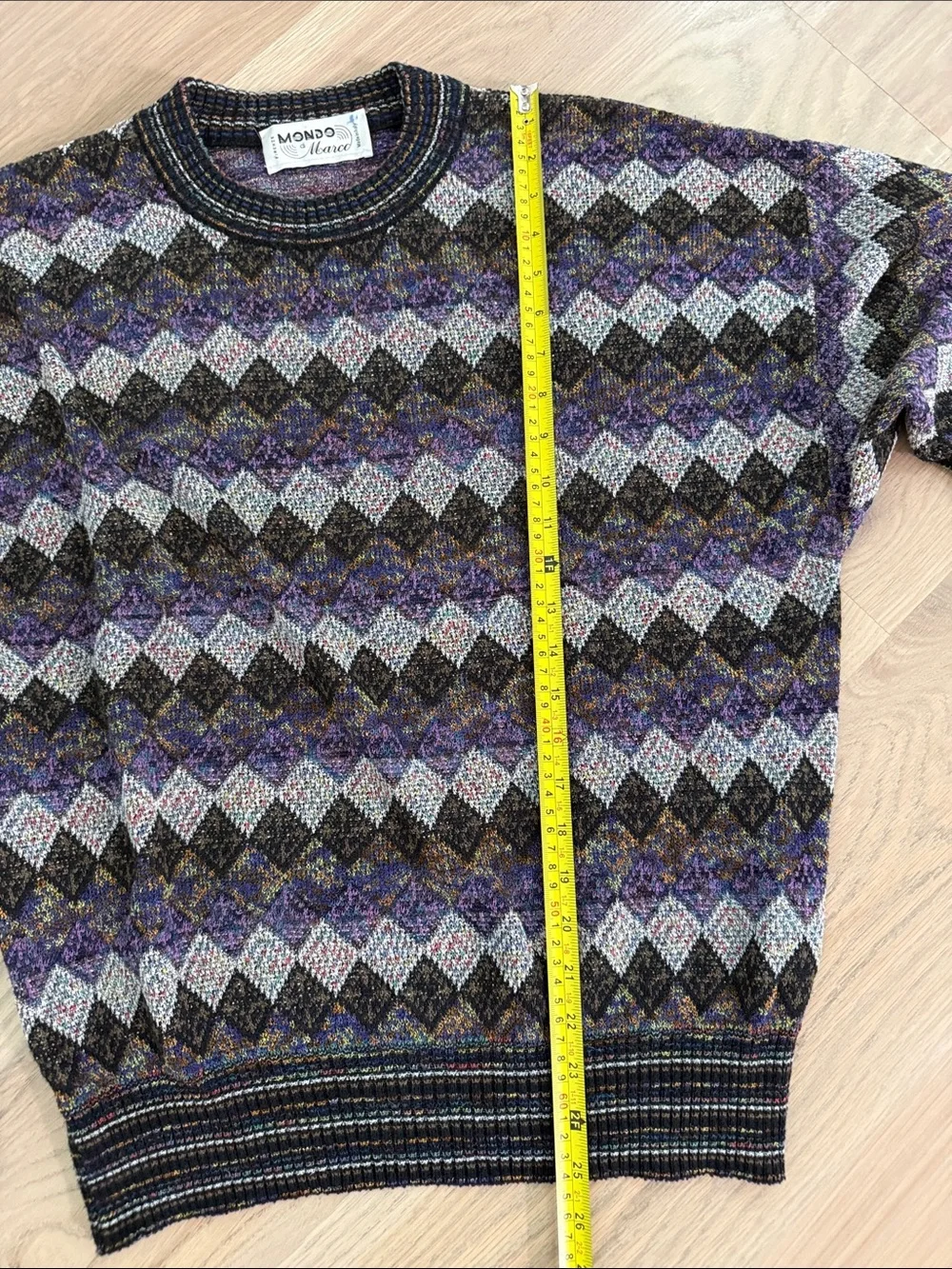Vintage 90s Mondo di Marco Italy Geometric Diamond Knit Sweater Purple Blue